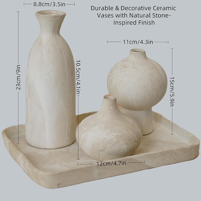 White Ceramic Vase Set of 3, Modern Organic Home Decor | Aged-stone texture - Image 2
