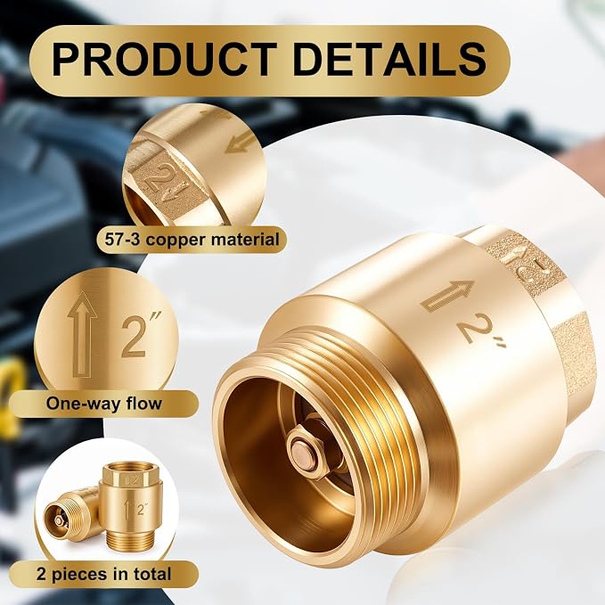 Zonon 2 Pcs 2 Inch Check Valve One Way Brass Non Return in Line Check Valve - Image 3