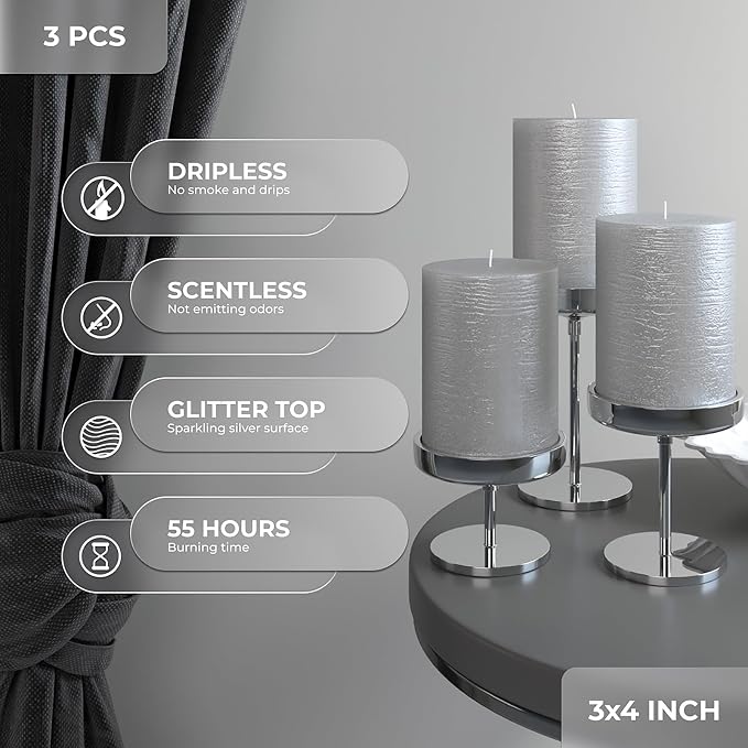 3x4 inch Pillar Candles Set of 3 – Unscented Dripless Silver Candles - Image 3