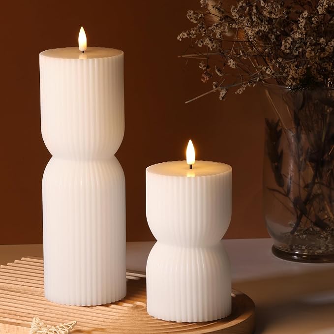 White Ribbed Flameless Pillar Candles - Image 7