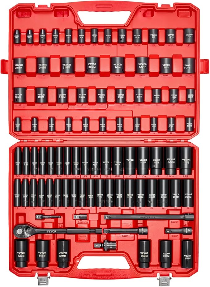 VEVOR 91-Piece 1/2" Drive Impact Socket Set, Deep & Shallow Kit | SAE & Metric by VEVOR