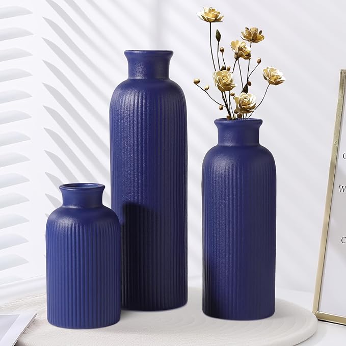 Small Navy Blue Ceramic Vase Set of 3, Boho Modern Navy Blue Flower Vase Room - Image 4