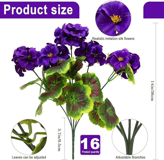 lovemoon 16 Pcs Artificial Geranium Plant Realistic Purple Silk Flowers - Image 2