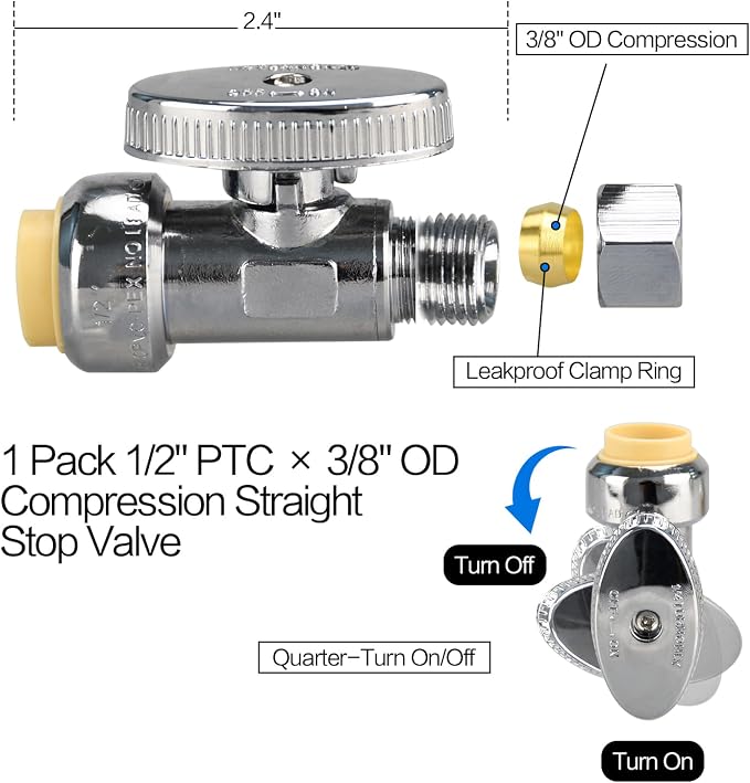 5pcs Straight Stop Valve, 1/2" PTC Input, 3/8" OD Compression Output | - Image 2