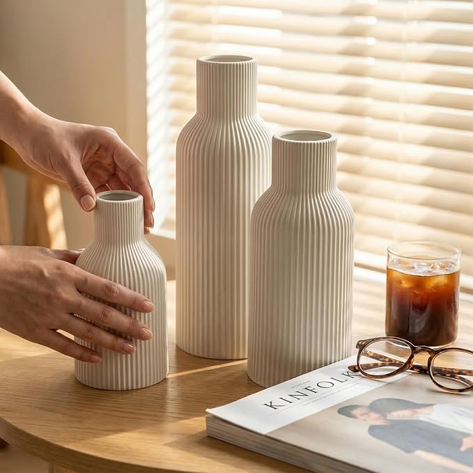 White Ceramic Flower Vase Set of 3 Matte Ribbed Waterproof | Waterproof interior - Image 8