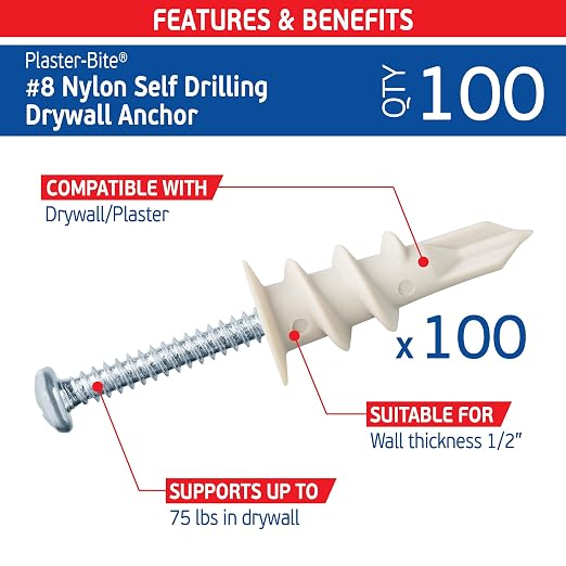 #8 Nylon Self-Drilling Drywall Anchors w/Screws – Premium Nylon 66 Hollow Wall - Image 2