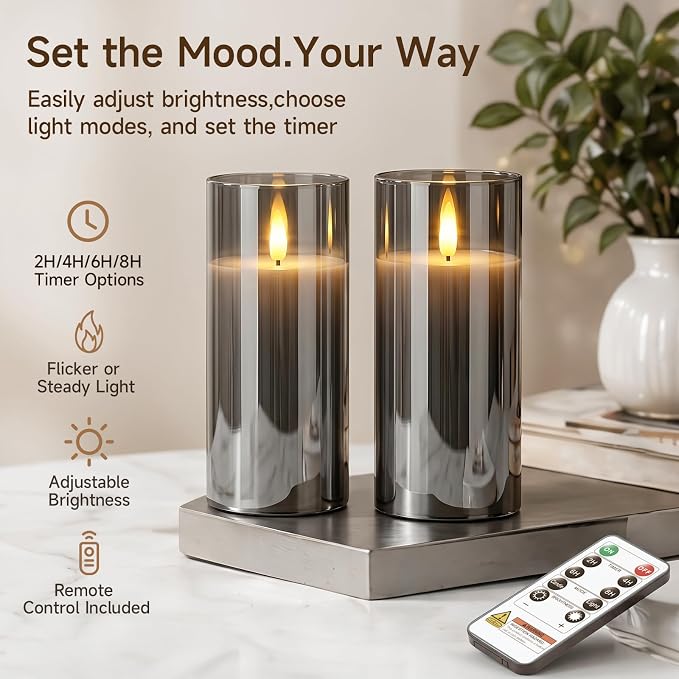 Homemory Grey Glass Flameless Candles, Real Wax, Remote Timer, 2 Pack | D3"xH6" - Image 2