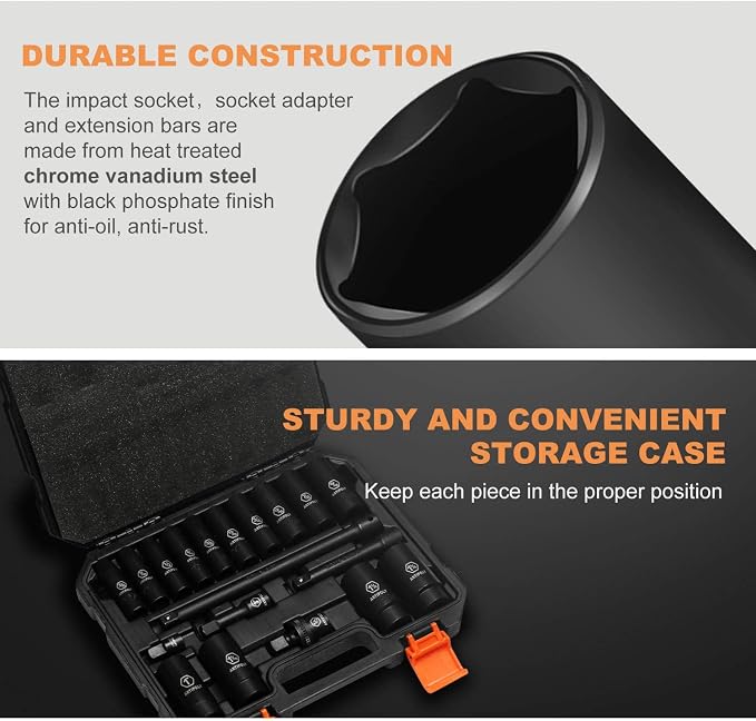 ARTIPOLY 1/2" Drive SAE Deep Impact Socket Set, 19 Piece Cr-V Steel Socket Set - Image 6