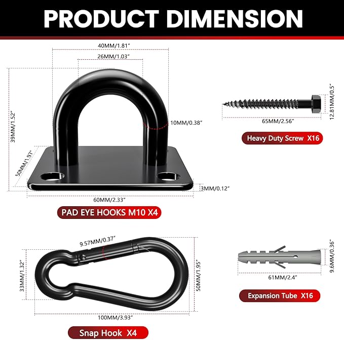 304 Stainless Steel Pad Eye Snap Hook, M10 Ceiling Hook 1700Lb, Yoga Gym - Image 2