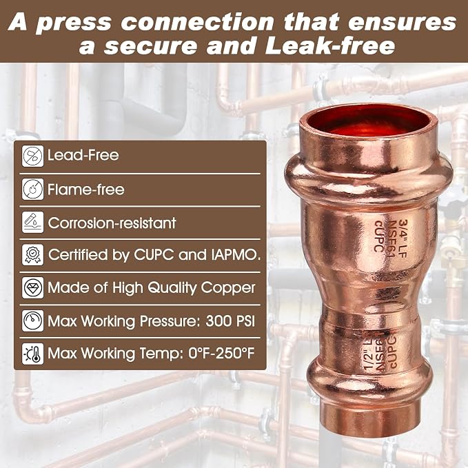 Copper Press Fitting 3/4"x1/2", 12pk Copper Press Reducer Coupling, Zero Lead | - Image 3