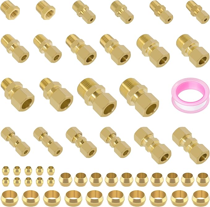 53 Pcs Brass Compression Fittings Assortment Kit, 1/8" 3/16" 1/4" 3/8" 1/2" OD by Taiidaues