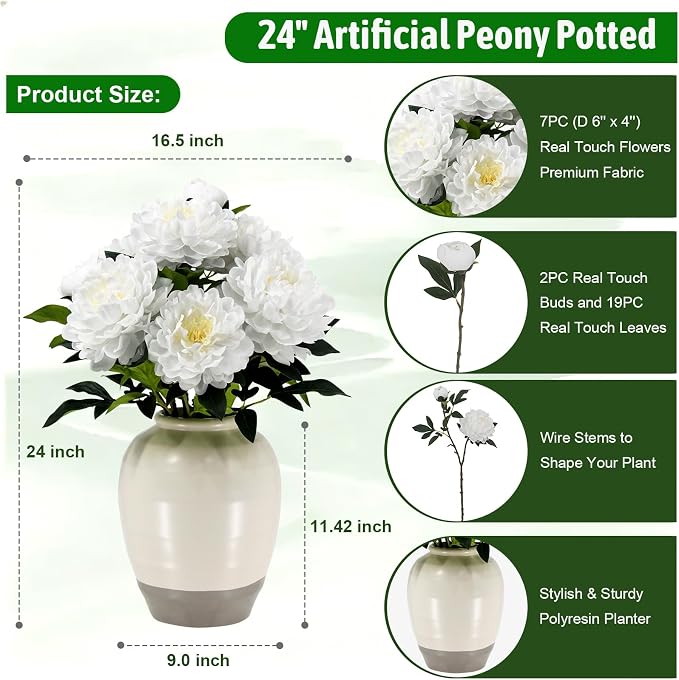 Fake Peony Plant 2FT Tall, Realistic Touch Leaves, Potted Peony Artificial - Image 2
