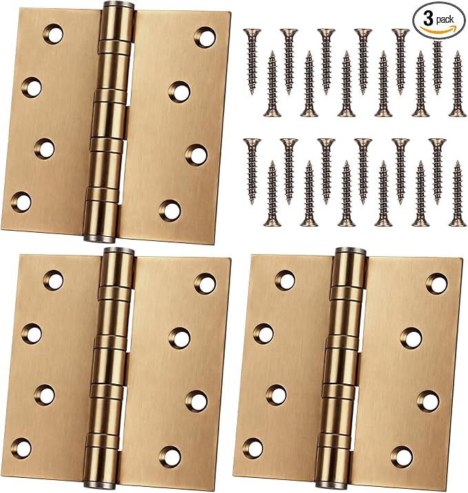 3 Pcs Brass 4'' Ball Bearing Door Hinges, Square Corner | Stainless Steel by Yaocom