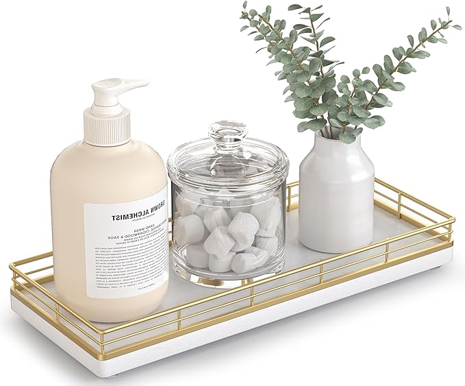Bathroom Tray for Counter Top Organizer, Oak Wood Vanity Tray | Metal Frame for by Focusonit