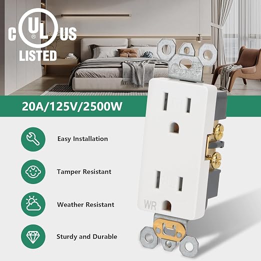 Wengart Duplex Receptacle Outlet, 125V 15Amp Standard Electrical Wall Outlet - Image 3