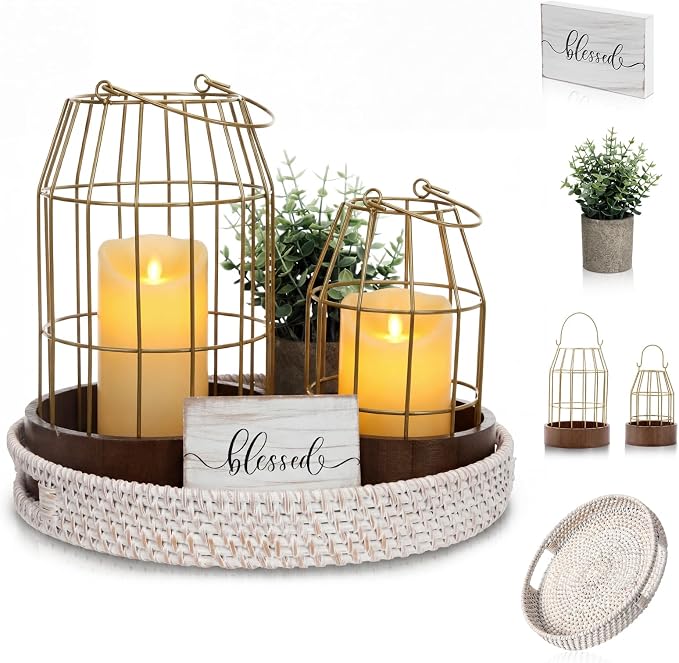 Modern Rustic Farmhouse Candle Lantern Set of 5, Burlywood | Decorative by Mumufy