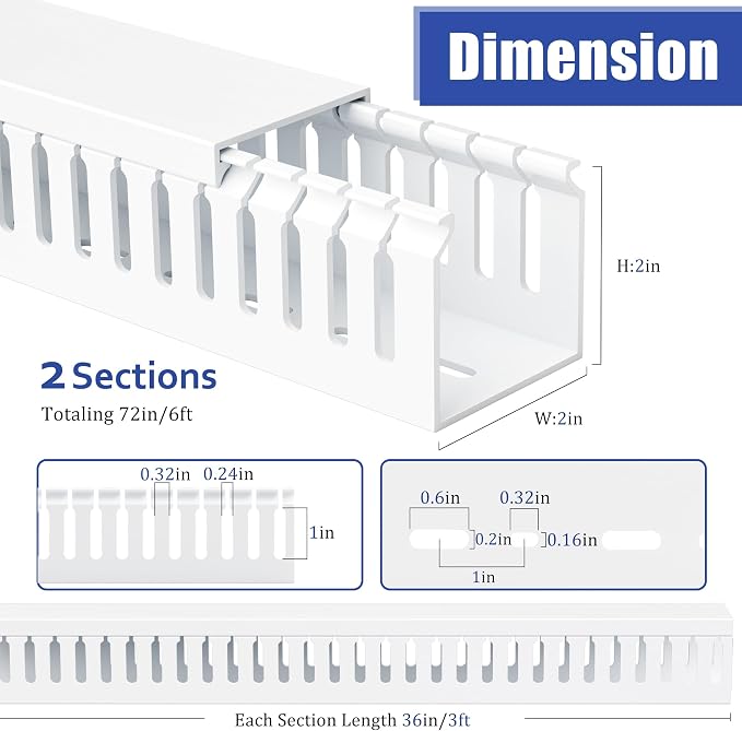 ZhiYo 2"H x 2"W Cable Raceway, 6ft Under Desk Wire Management Channel White | - Image 2