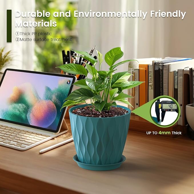 Meowell 7 inch Plant Pots for Indoor Outdoor Plants, 5 Pack Thick Flower Pots - Image 4