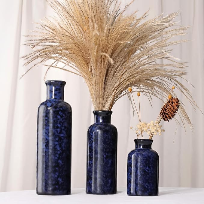 Small Blue Ceramic Vase Set of 3, Boho Modern Flower Vase Room Decor, Farmhouse - Image 3