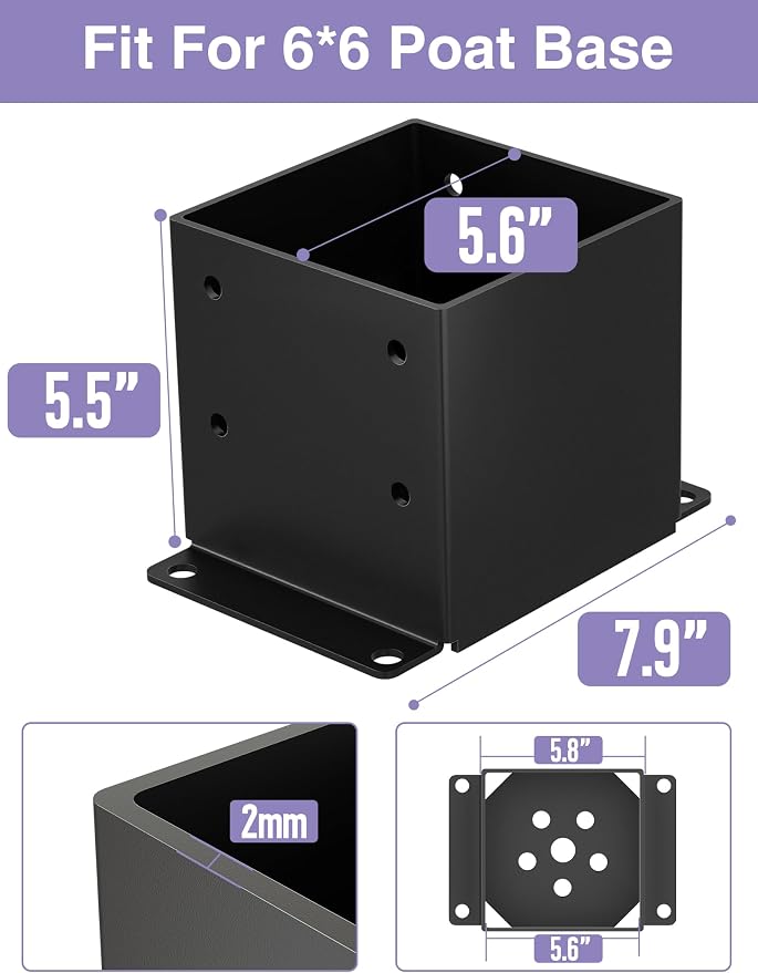 4 PCS Metal 6×6 Post Base, Inner Size 5.6"x5.6" | Heavy Duty Post Bracket - Image 2