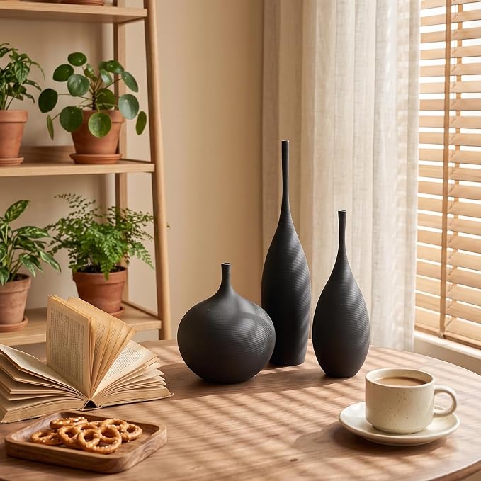 Black Ceramic Vases Set of 3, Modern Boho Vases - Image 5