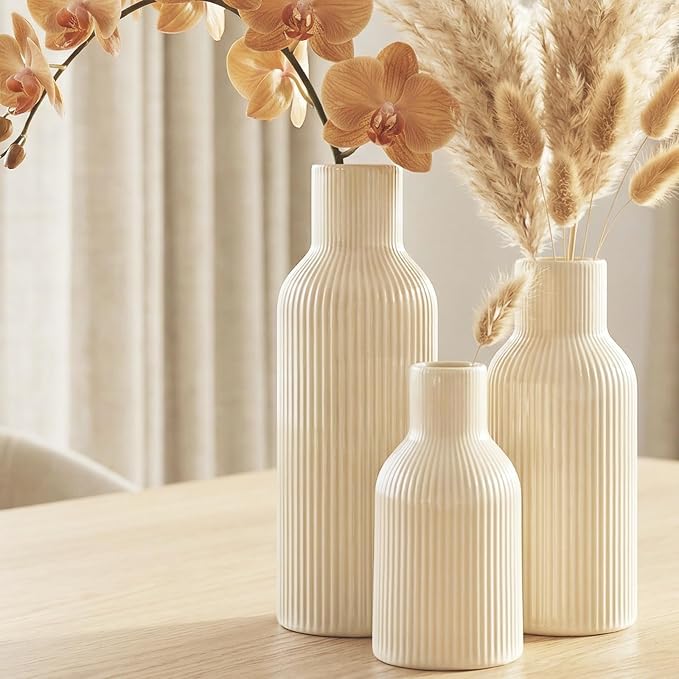 Beige Ceramic Flower Vases Set of 3, Modern Smooth Ribbed Texture, Nordic - Image 4