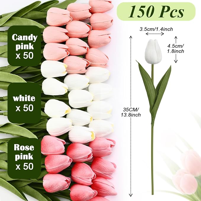 Janinka 150pcs Artificial Tulip Flowers Fake PU Tulips Faux Latex Bouquet - Image 2