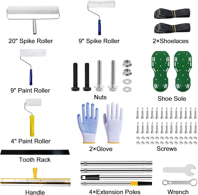 Self-Leveling Tool Kit with Rake, Spiked Roller, Spiked Shoes and 58'' - Image 2