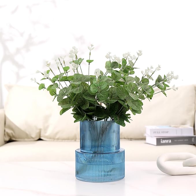 Blue Glass Vase, Ribbed Glass Vase - Image 3
