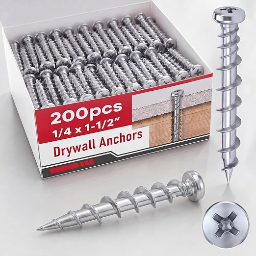 Blulu 200 Pcs Drywall Anchors 1/4 x 1-1/2 Inch Pan Head Alloy Steel Light Wall by Blulu