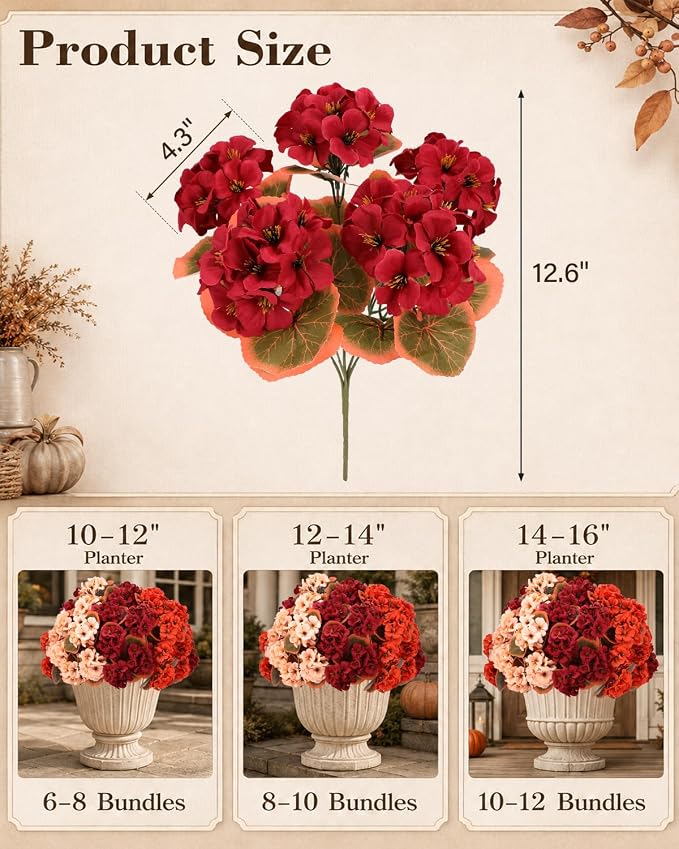 Artificial Fall Flowers for Outdoors, 6 Bundles Faux Geraniums | UV-Resistant - Image 4