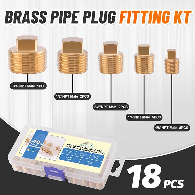 18PCS Brass Pipe Fitting Square Head Plug, 1/8" 1/4" 3/8" 1/2" 3/4" | 1/8 - Image 2