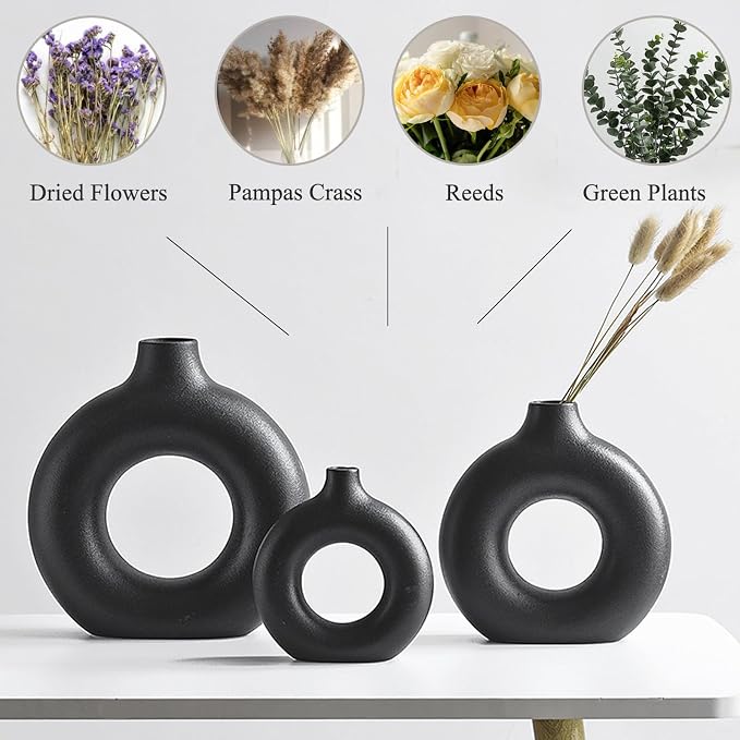 Black Ceramic Donut Vase Set of 2, Hollow Round Matte Pampas Flower Vases - Image 8