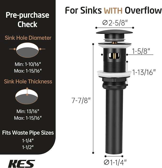 KES Bathroom Sink Drain with Overflow, Stainless Steel, Matte Black 2 Pack - Image 5