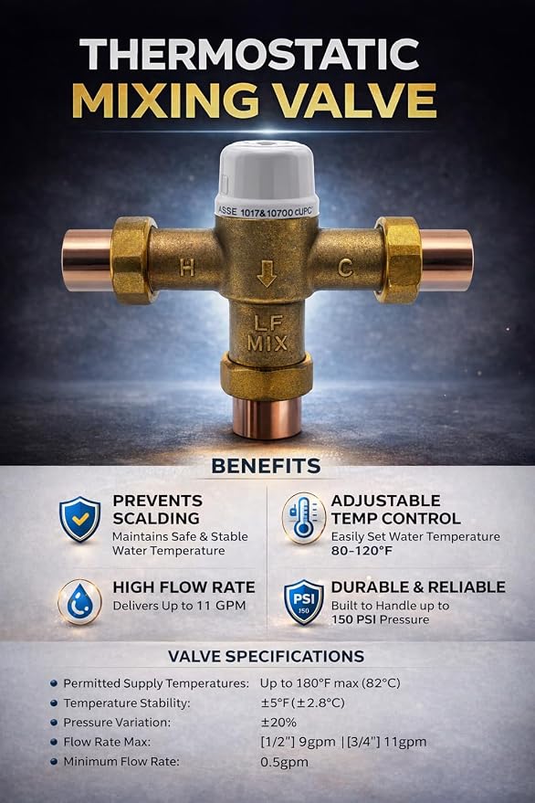 3/4" Sweat Union Thermostatic Mixing Valve, Cert: ASSE, NSF | TMV, Precise - Image 9