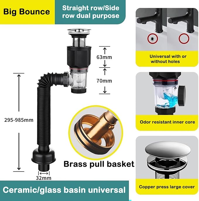 Bathroom Sink Drain Kit with Flexible Expandable P-Trap Pipe Anti-Odor Bathroom - Image 2