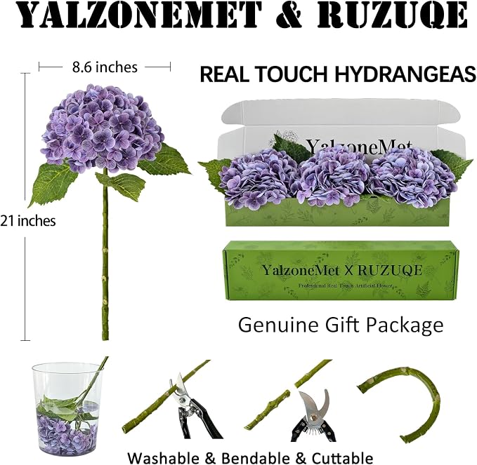 YalzoneMet 3 PCS Dark/Black Purple Hydrangea Artificial Flowers 21'' Real Touch - Image 6