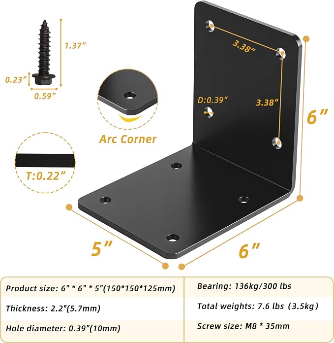 2-Pack L Right Angle Bracket 6" x 6" x 5" Heavy Duty Steel Corner Bracket | - Image 2