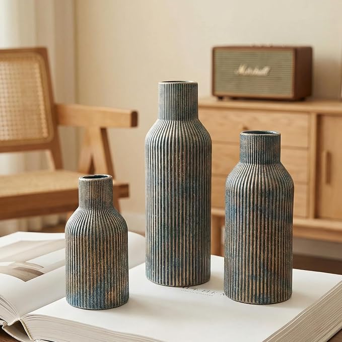 Vintage Blue Ceramic Flower Vases Set of 3, Modern Matte Vertical Ribbed - Image 5