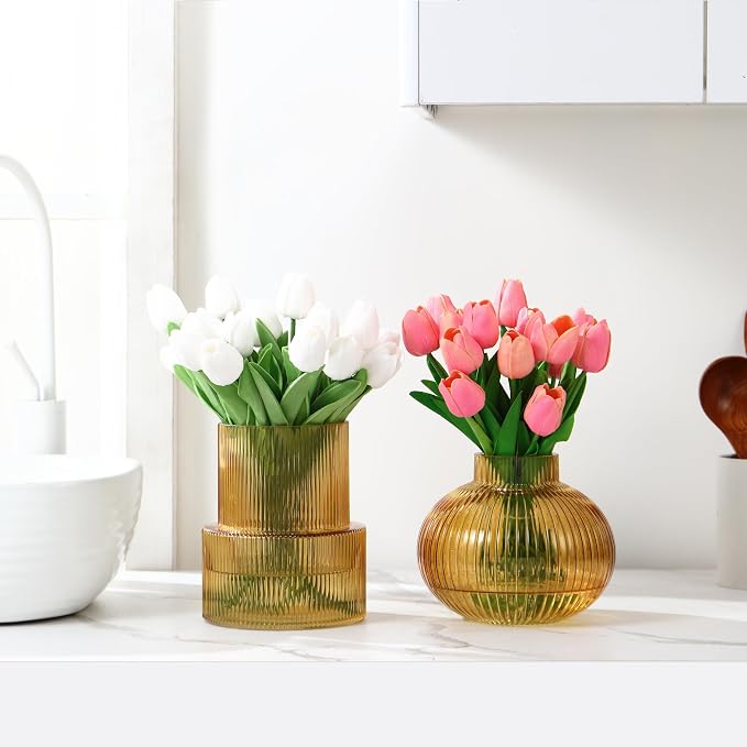Ribbed Glass Vases, Amber Glass Vase - Image 3