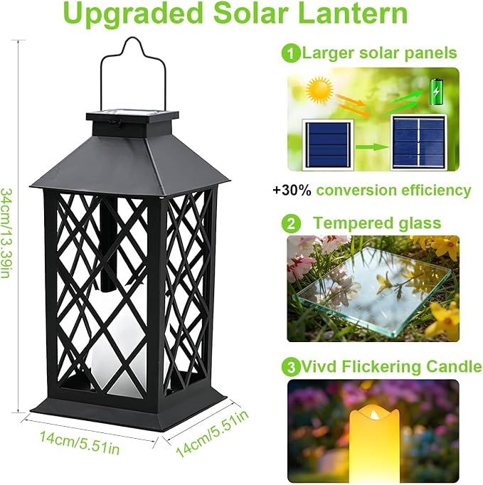 4 Pack 14" Large Tempered Glass Solar Lanterns Outdoor Waterproof | Black retro - Image 3