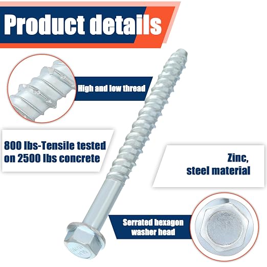 Tandefio 40 Pack 1/2" x 6" Concrete Screw Anchor Galvanized Large Diameter - Image 3