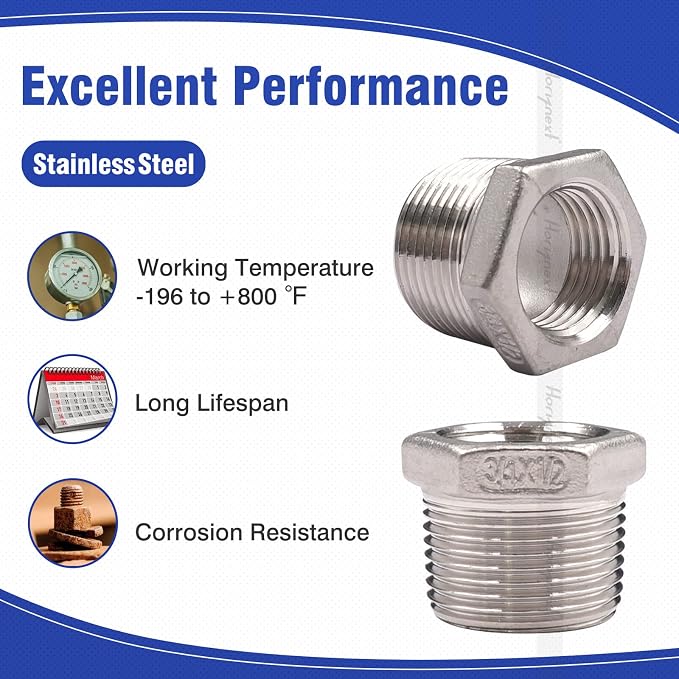3/4 NPT Male x 1/2 NPT Female Stainless Steel Hex Bushing, 2 Pack | Reducing - Image 4
