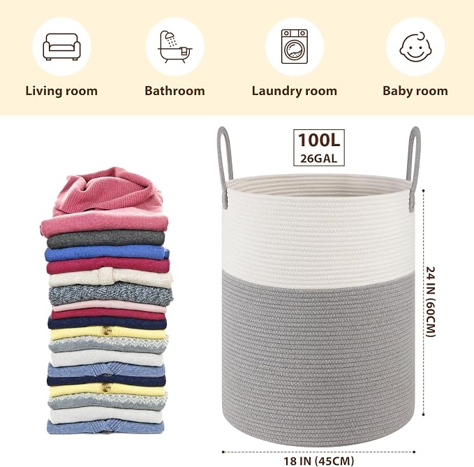 OIAHOMY 100L Nursery Hamper Laundry Basket Laundry Hamper Grey/White | - Image 2
