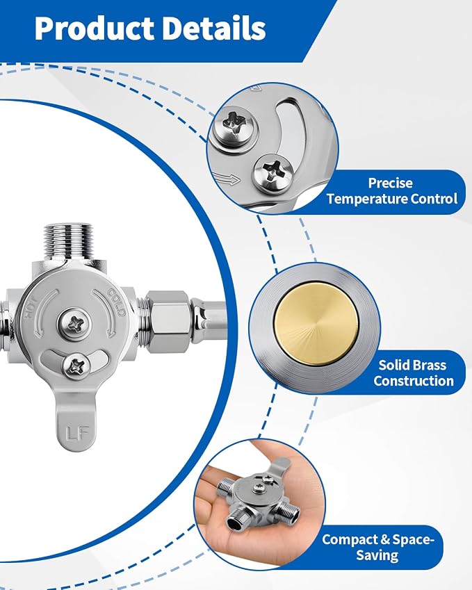 3/8" Manual Mixing Valve Hot Cold Water Temperature, Brass Water Mixing Valve - Image 3