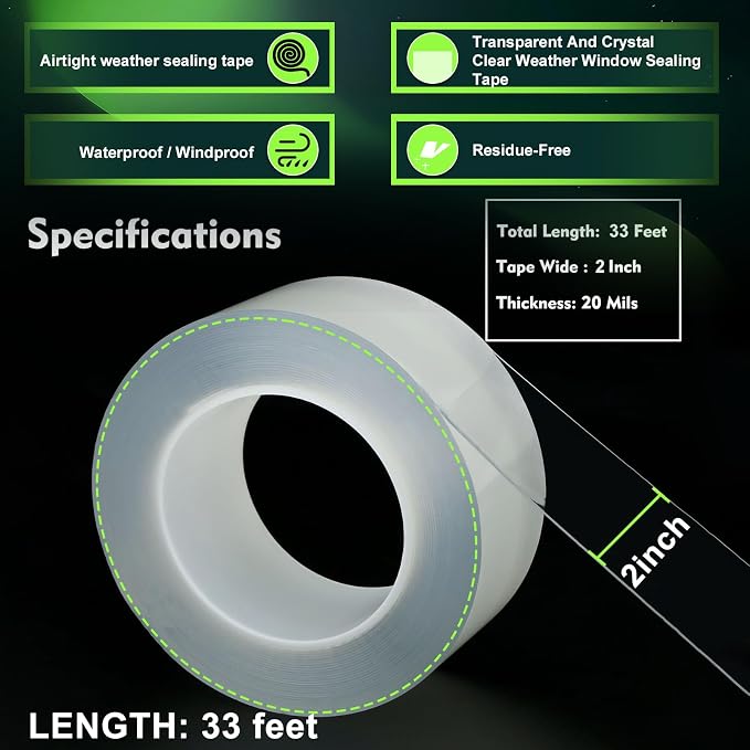 Qoqooice Transparent Window Weather Sealing Tape 2 Inch x 33 FT Weather - Image 9