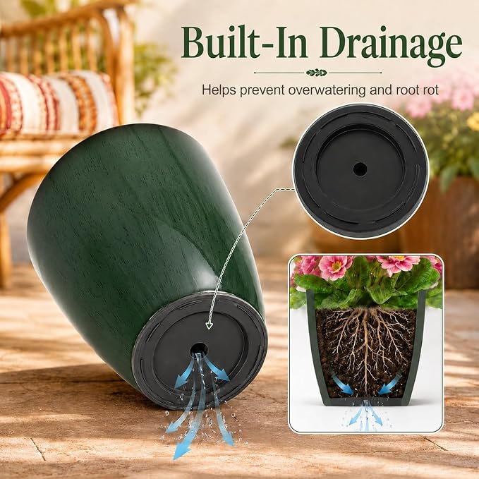Neoaider Set of 2 Tall Planter, 21 inch Large Plastic Planter, Dark Green | - Image 6