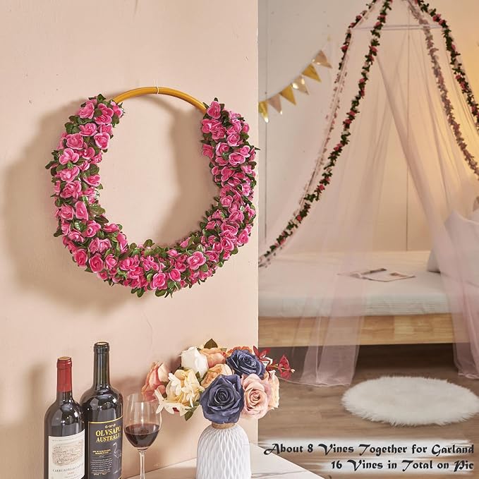 6Pcs x 8.2FT Artificial Flower Garland Rose Vine Decor, Magenta Flower | - Image 4