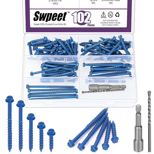 Swpeet 52Pcs 1/4" x 3-1/4" Slotted Hex Washer Head Concrete Screws Anchor by Swpeet