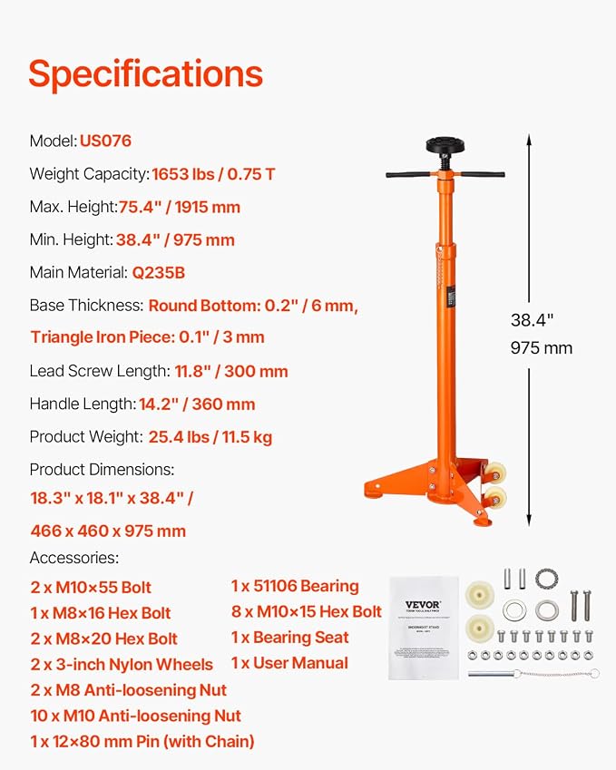 VEVOR Underhoist Support Stand, 3/4 Ton, Adjustable 38.4-75.4 inch, Auto | Spin - Image 7